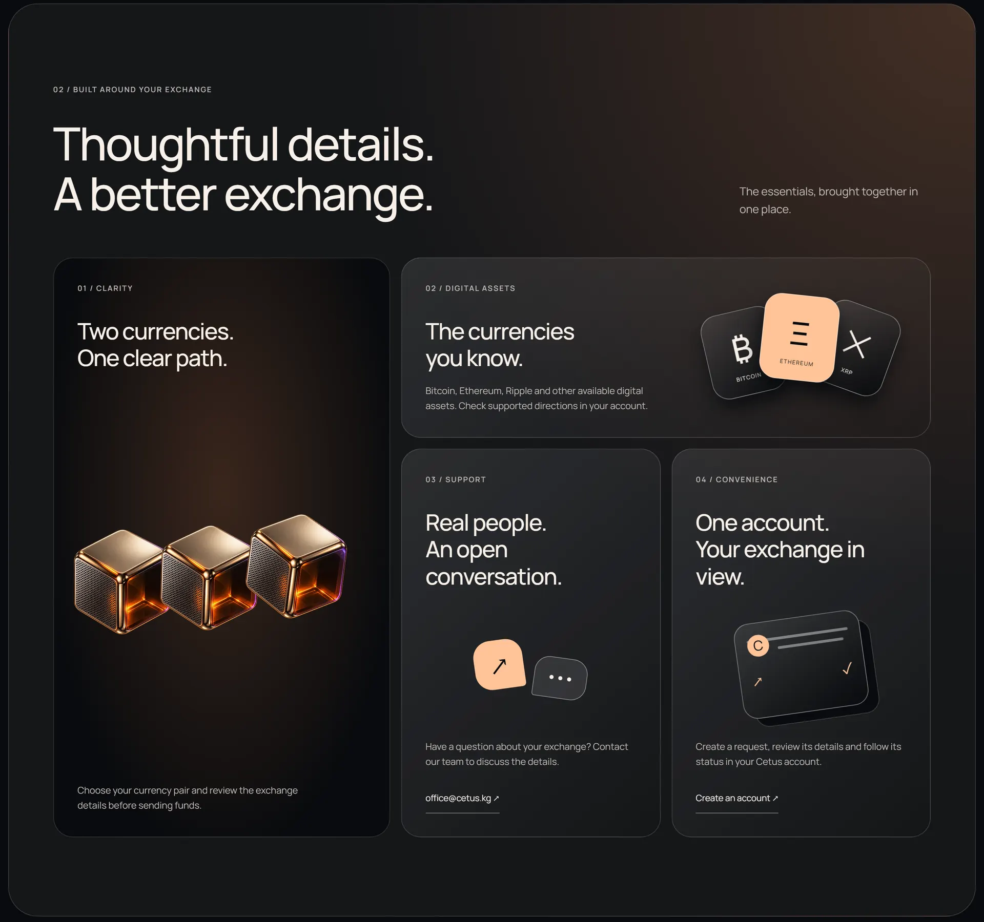The “Thoughtful details” section of the exchange site: a bento grid of cards with 3D cubes, coins and a ring