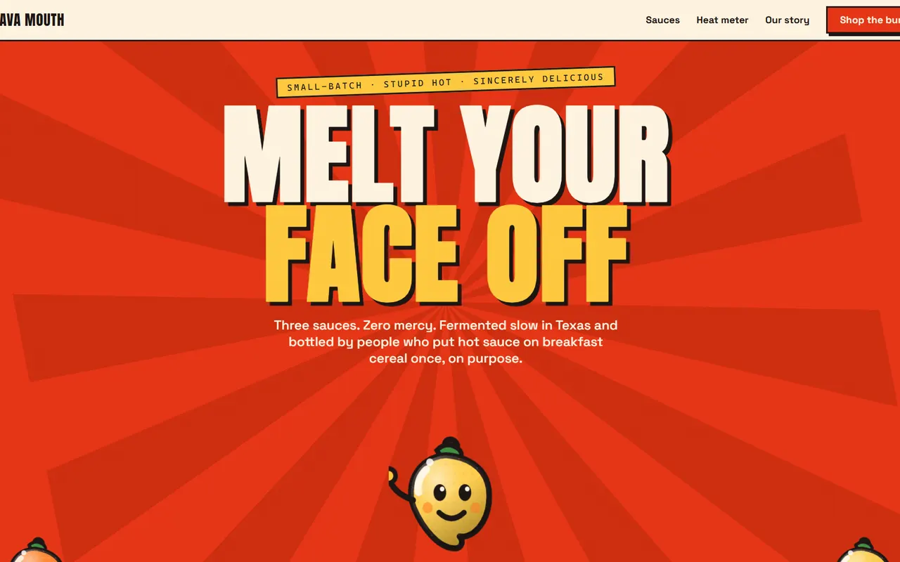 Lava Mouth home page: a bright red hero with a “Melt your face off” headline and a cartoon citrus mascot