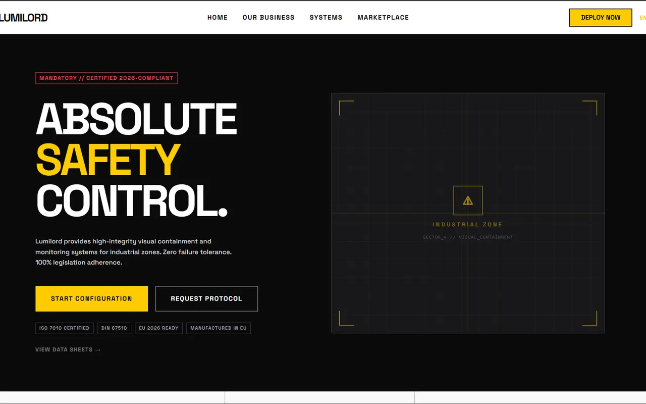 Lumilord, safety direction: a black-and-yellow hero reading “Absolute safety control”