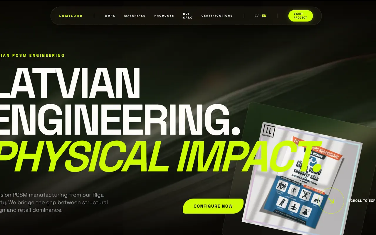 Lumilord home page: a dark, lime-accented hero reading “Latvian engineering. Physical impact.”