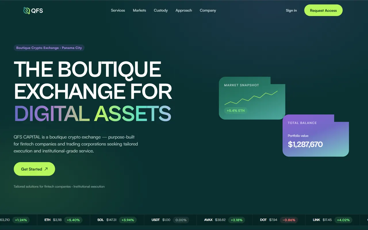 QFS Capital home page: a dark exchange landing with a live market ticker and floating balance cards