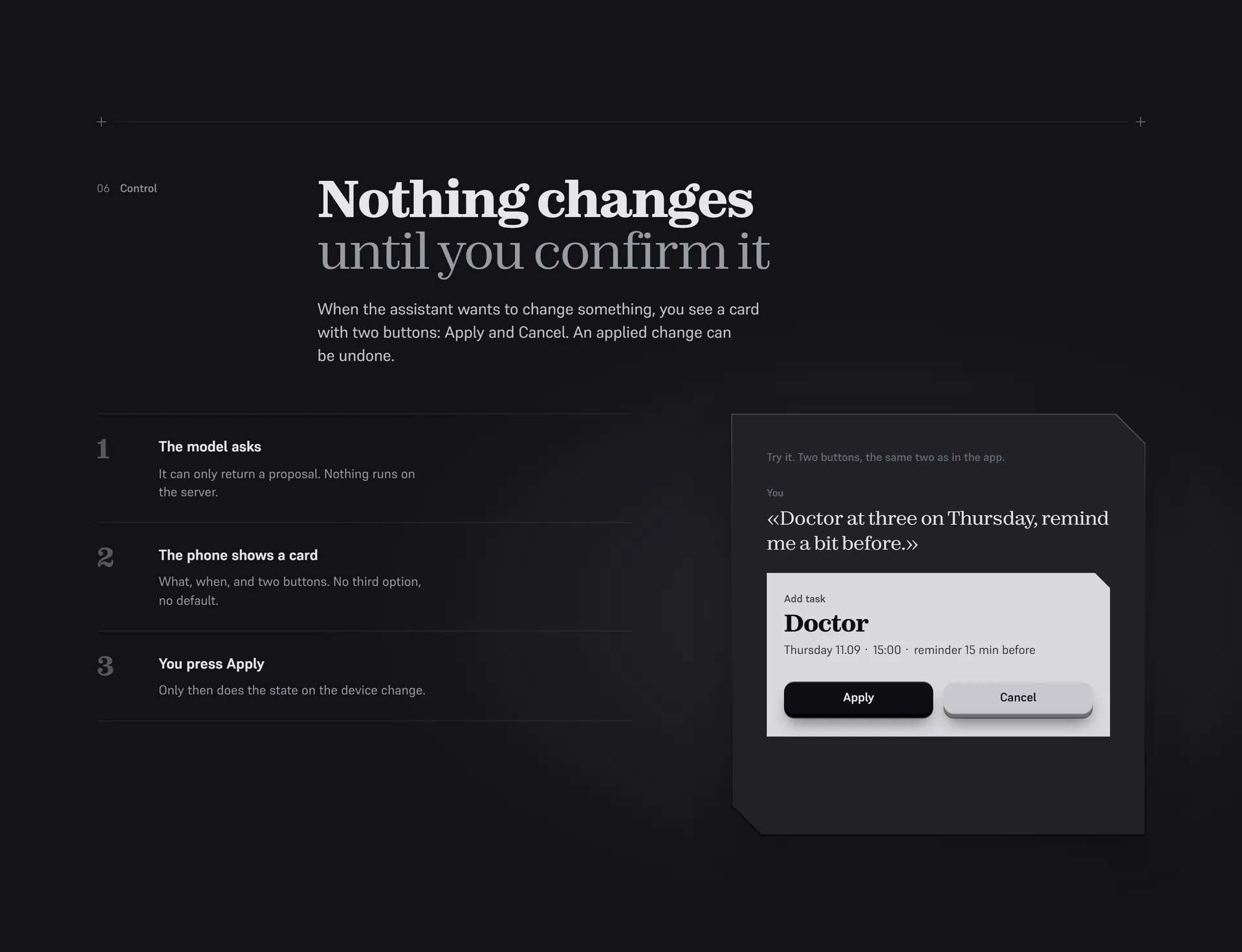 A proposal card on vaeli.uk with Apply and Cancel buttons under the heading “Nothing changes until you confirm it”