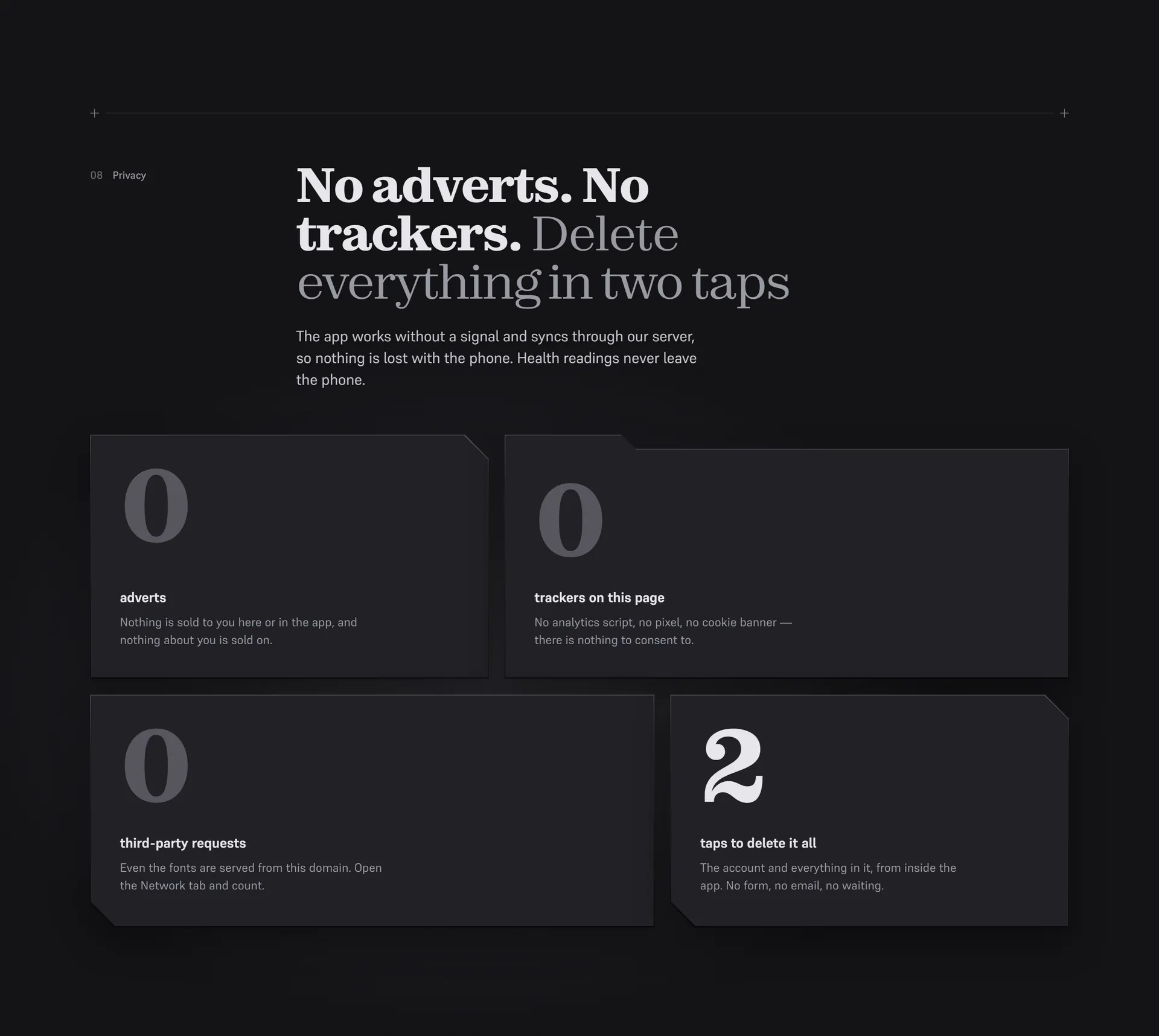 Four chamfered plates on vaeli.uk reading 0 adverts, 0 trackers on this page, 0 third-party requests and 2 taps to delete it all