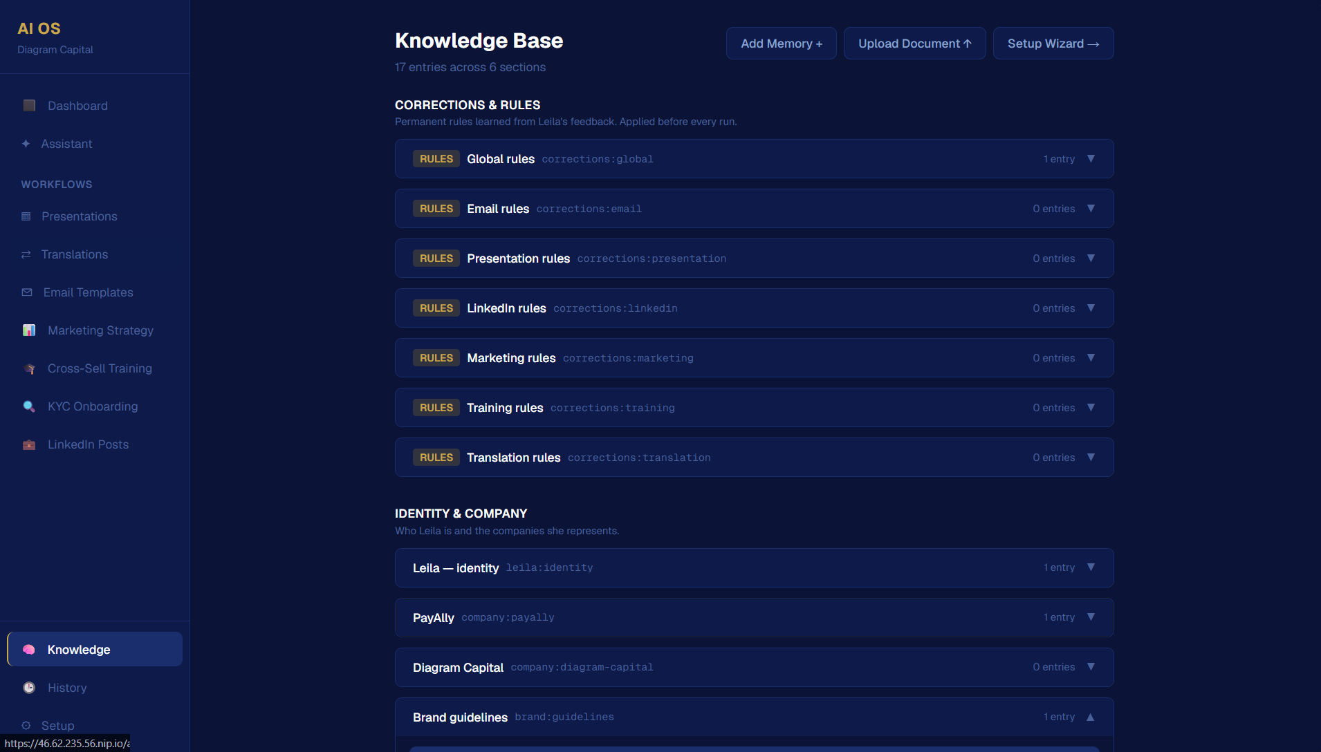 The Leila AI OS knowledge base: seven workflows in the sidebar, and the
            rules and identity entries every run reads first