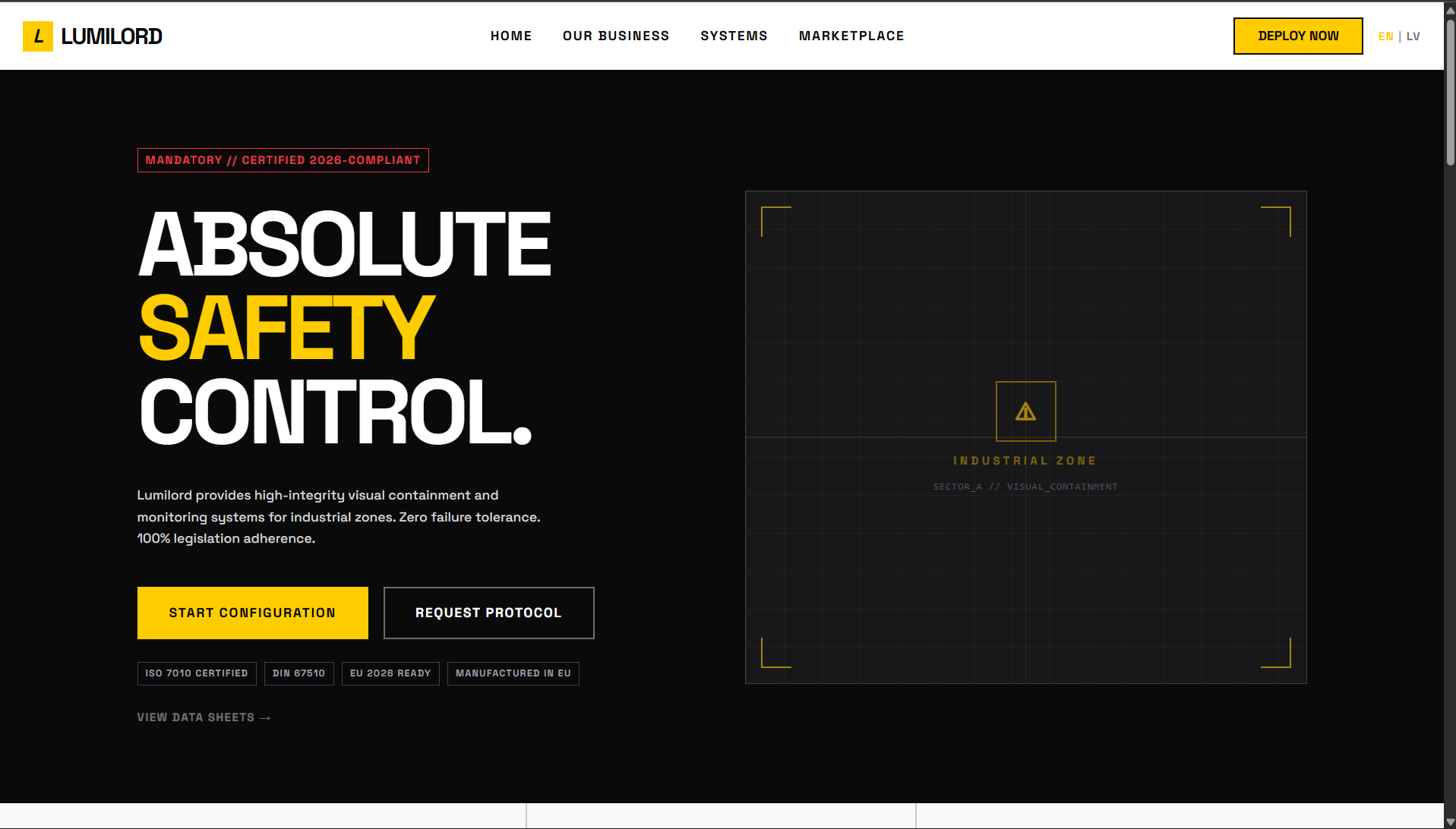 Lumilord homepage, alternate direction: a black-and-yellow industrial safety hero reading "Absolute safety control" with certification badges.