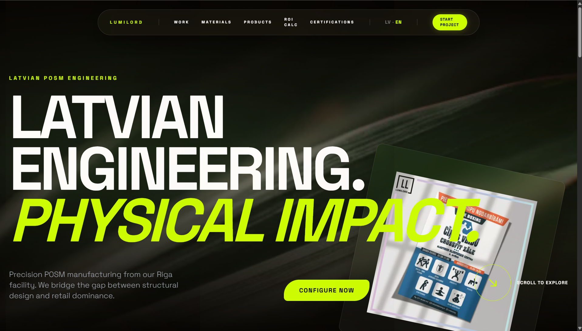 Lumilord homepage: a dark, lime-accented industrial engineering hero reading "Latvian engineering. Physical impact." with a floating product panel.