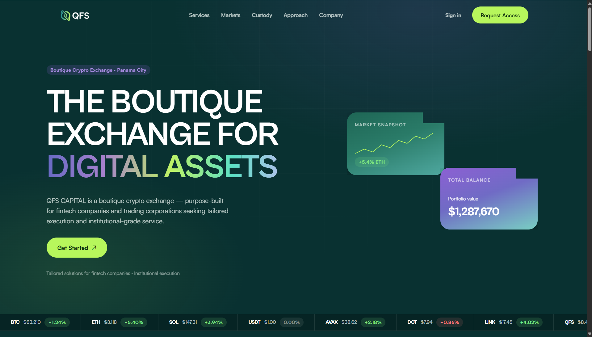 QFS Capital homepage: a dark boutique crypto-exchange landing page with a live market ticker along the bottom and floating portfolio-balance cards.
